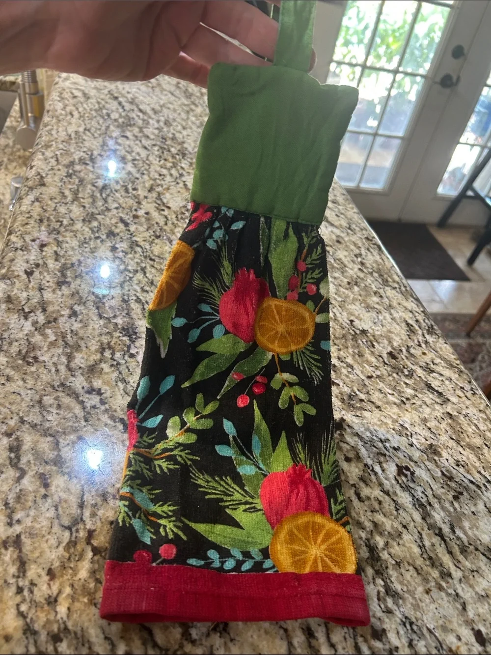 Holiday Floral Hanging Kitchen Towel in Black and Green